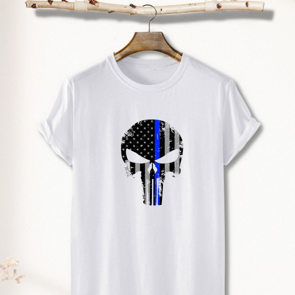 Police USA Skull Thin Blue Line T-Shirt Cotton Unisex-Viking-Gym-Patriotic Skull